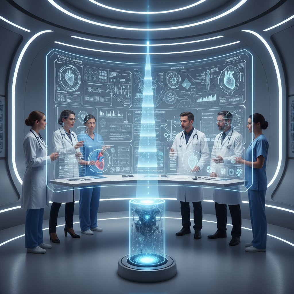 Zespół medyczny analizujący dane AI na ekranie – współpraca człowieka i maszyny