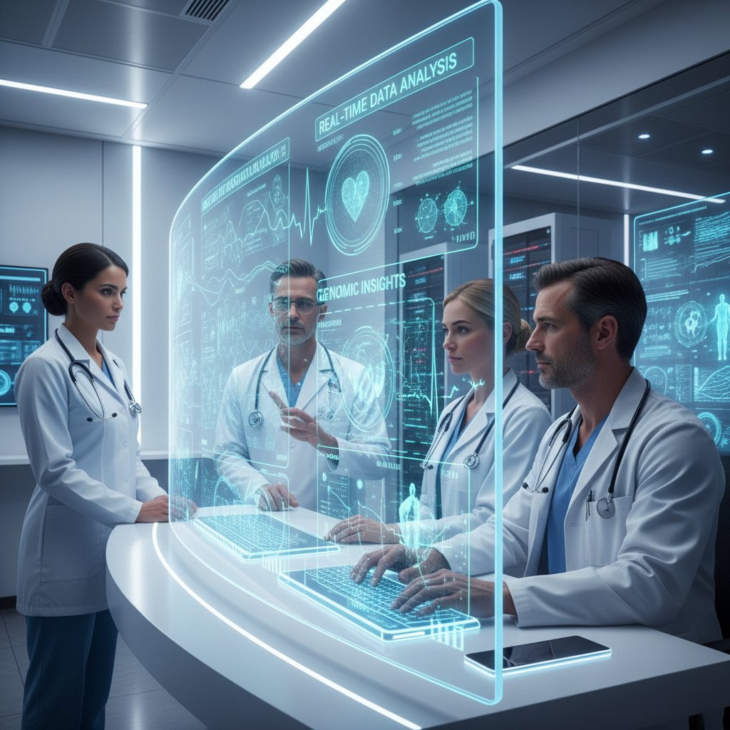 Nowoczesny zespół medyczny analizuje dane AI na monitorze, cyfrowe narzędzia w badaniu jakości