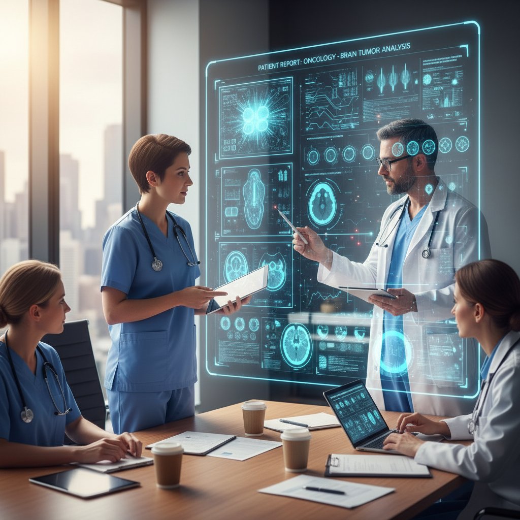 Zespół medyczny podczas narady, analiza raportu na ekranie, atmosfera współpracy