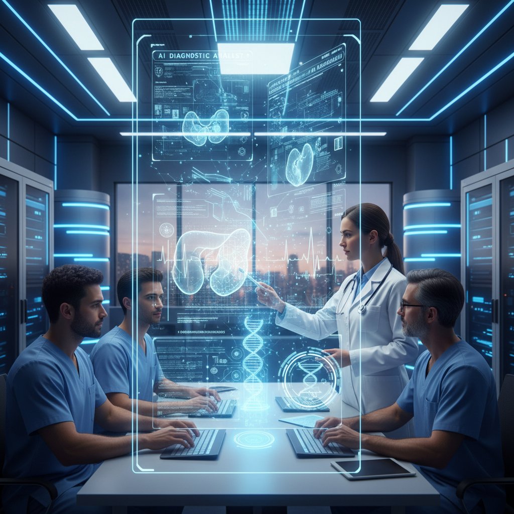Lekarski zespół analizujący wyniki AI na oddziale diagnostycznym