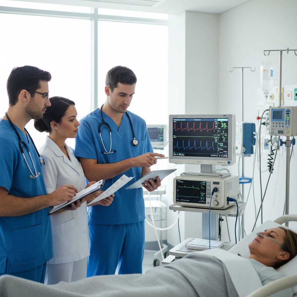 Grupa lekarzy analizująca dane na monitorze kapnografu