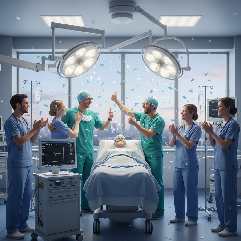 Zespół medyczny świętujący sukces po skutecznym użyciu kapnografii