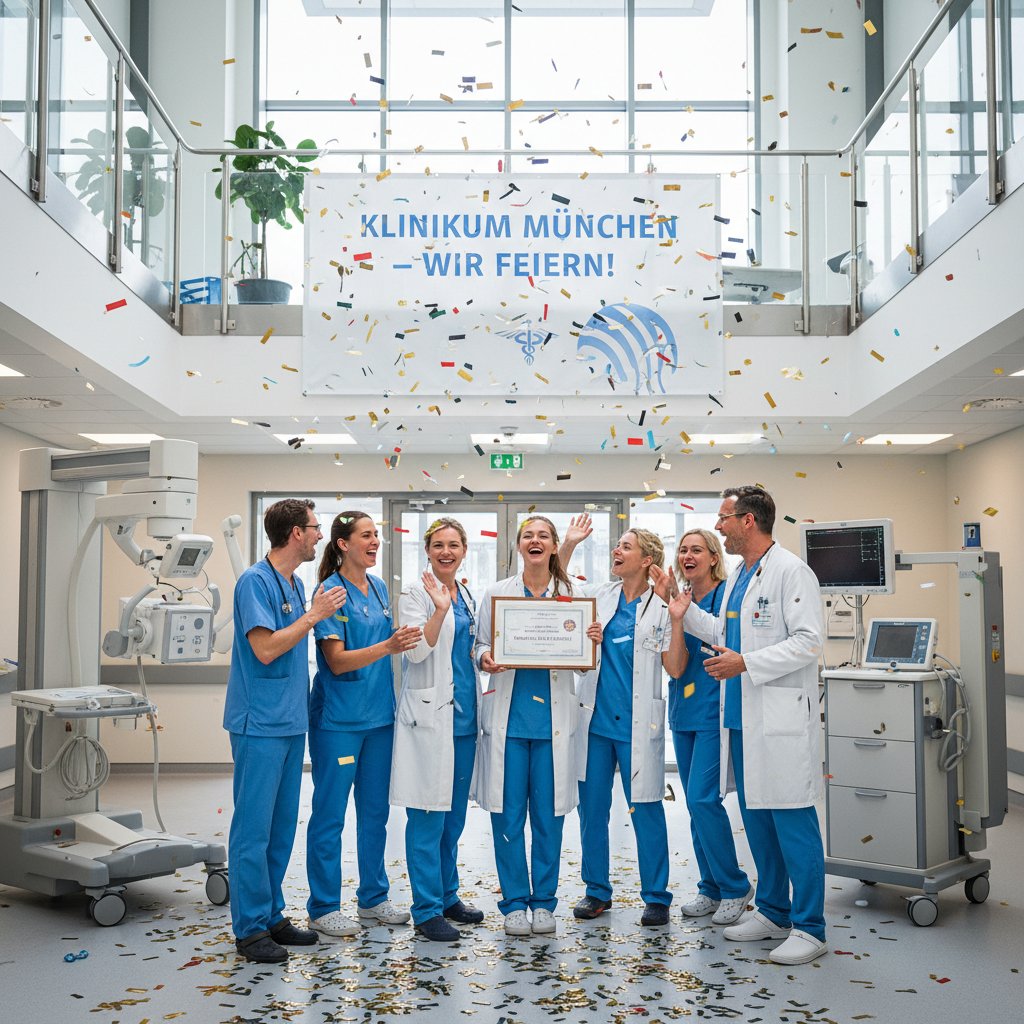 Zdjęcie grupy medyków świętujących sukces zawodowy w niemieckim szpitalu