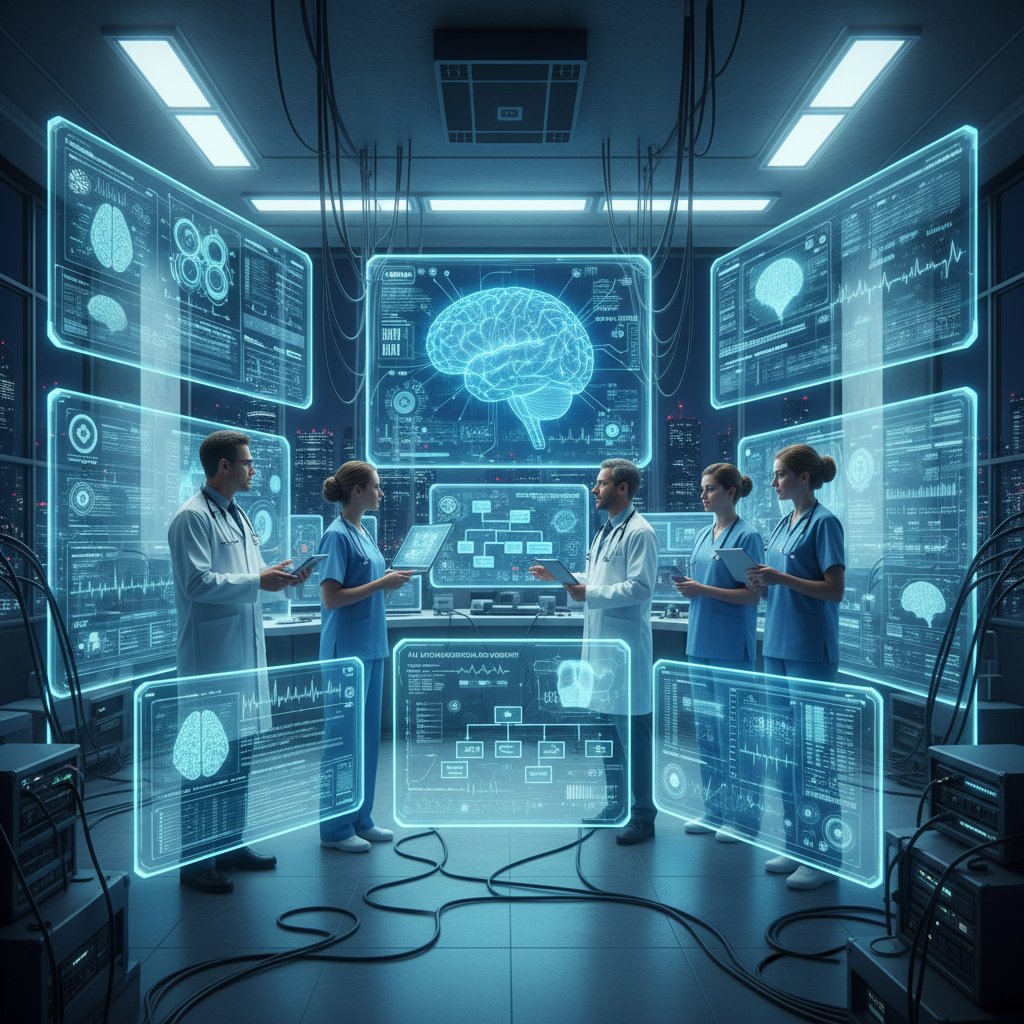 Zespół medyczny analizujący dane komputerowe i wyniki EKG – obraz współczesnej diagnostyki wspomaganej przez AI