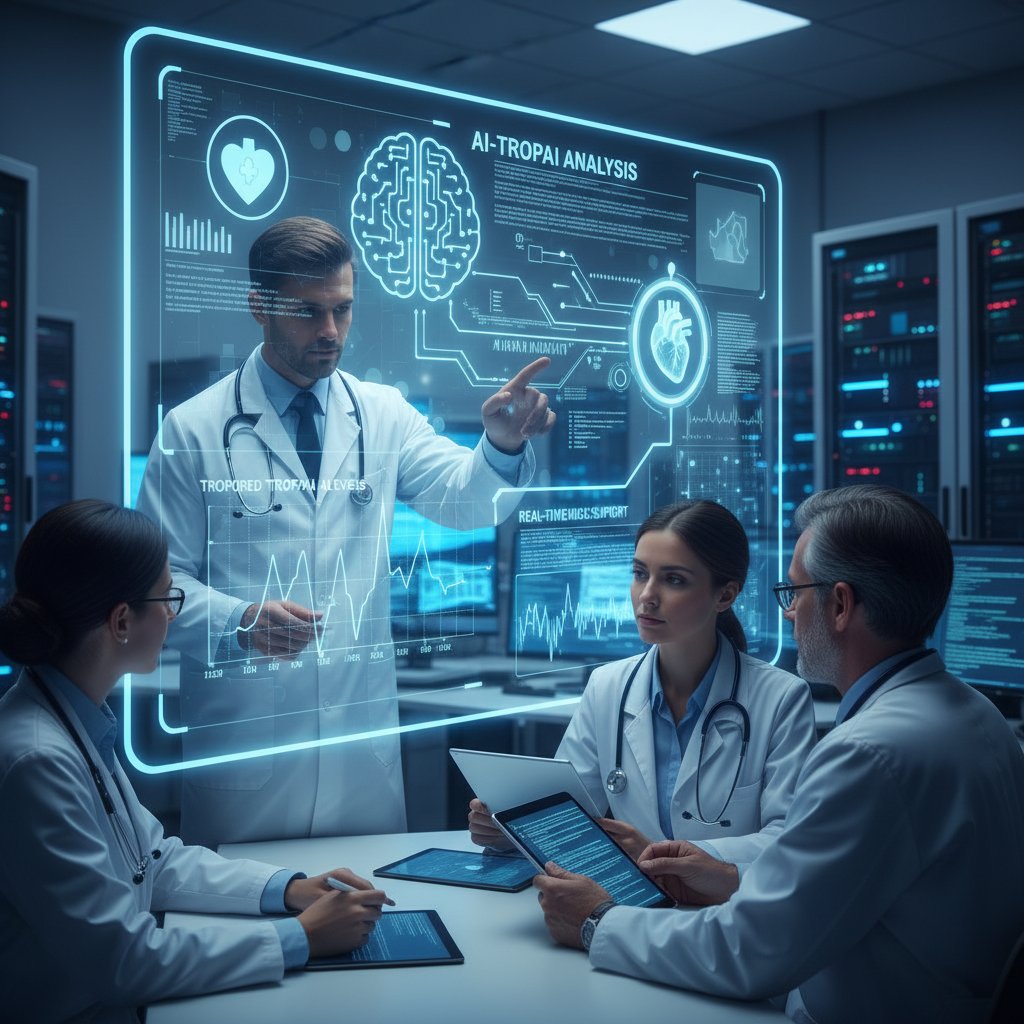 Zdjęcie zespołu lekarzy analizujących dane na ekranie z AI – technologia, troponina, sztuczna inteligencja