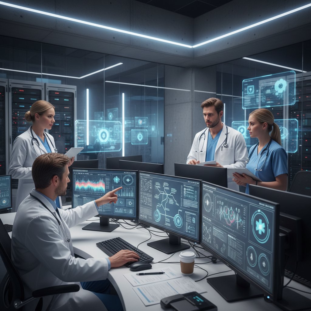 Zdjęcie zespołu lekarzy analizujących dane na ekranie komputera