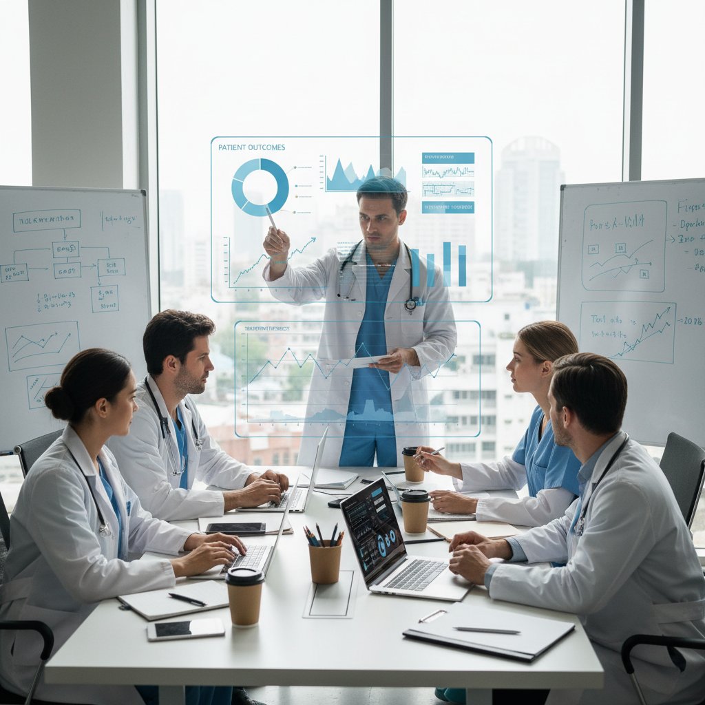 Zespół lekarzy analizujący dane na sali konferencyjnej, ekrany z wykresami, atmosfera skupienia