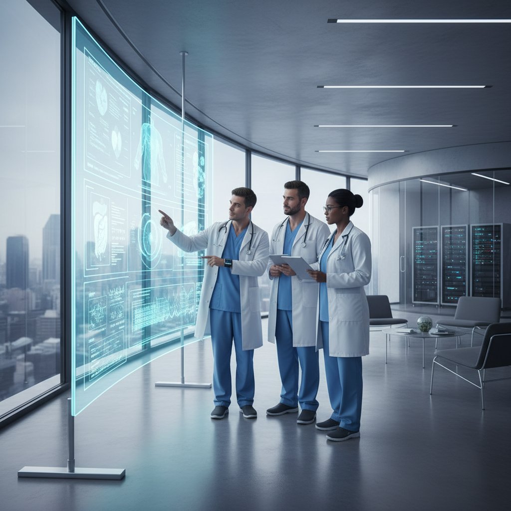 Zespół medyków analizujących dane na dużym ekranie, nowoczesna sala operacyjna