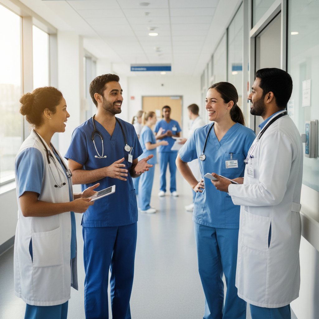 Zespół medyczny w dynamicznej rozmowie na oddziale, różne akcenty i dialekty