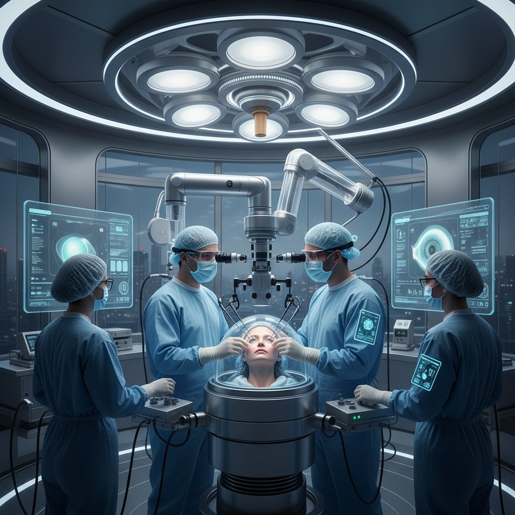 Fotografia zespołu medycznego przy nowoczesnym sprzęcie okulistycznym podczas zabiegu na oku