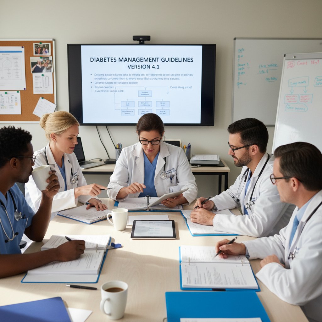 Zespół lekarski i pielęgniarski analizujący wytyczne, pokazujący współpracę i codzienną rutynę