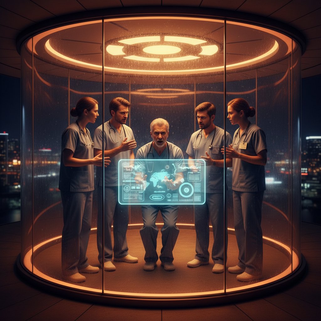 Zespół terapeutyczny w dynamicznej dyskusji, emocje na twarzach, za szklanymi drzwiami, wieczorem