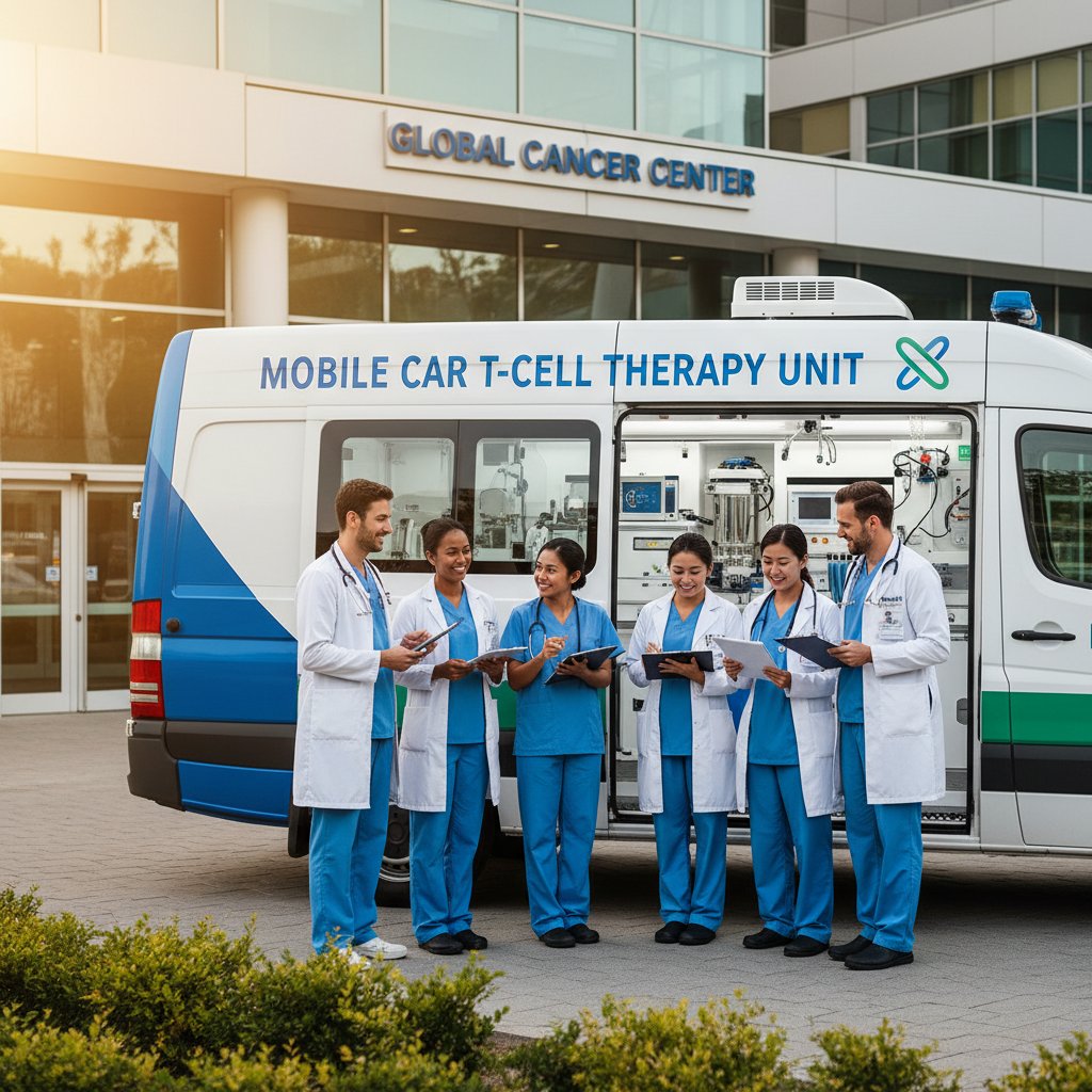 Szpitalny zespół medyczny przygotowujący pacjenta do terapii CAR-T; nowoczesna sala zabiegowa, napięcie emocjonalne wśród personelu