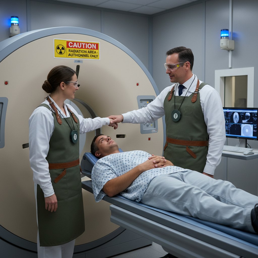 Zespół medyczny instruuje pacjenta przed badaniem tomografem komputerowym — ochrona pacjentów w szpitalu