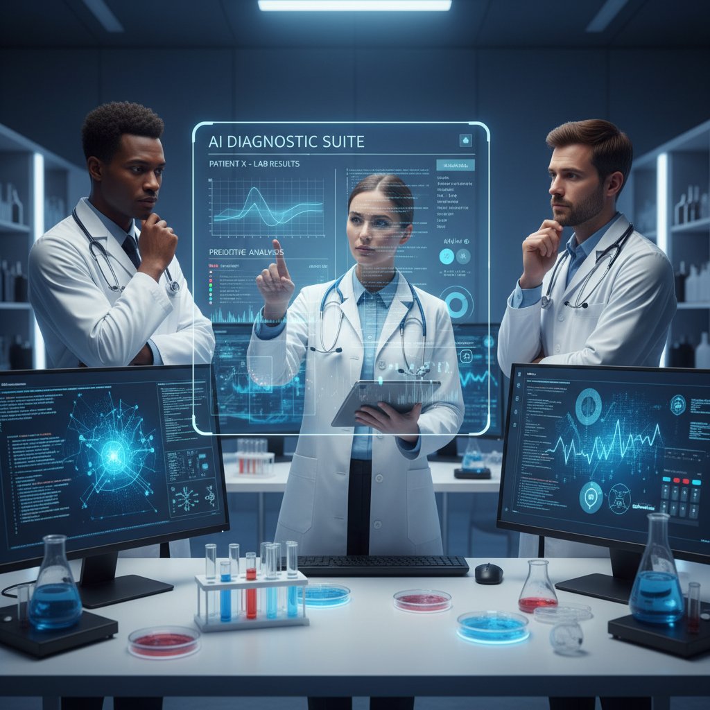 Zdjęcie zespołu medycznego analizującego wyniki krwi na komputerze z użyciem nowoczesnego oprogramowania AI