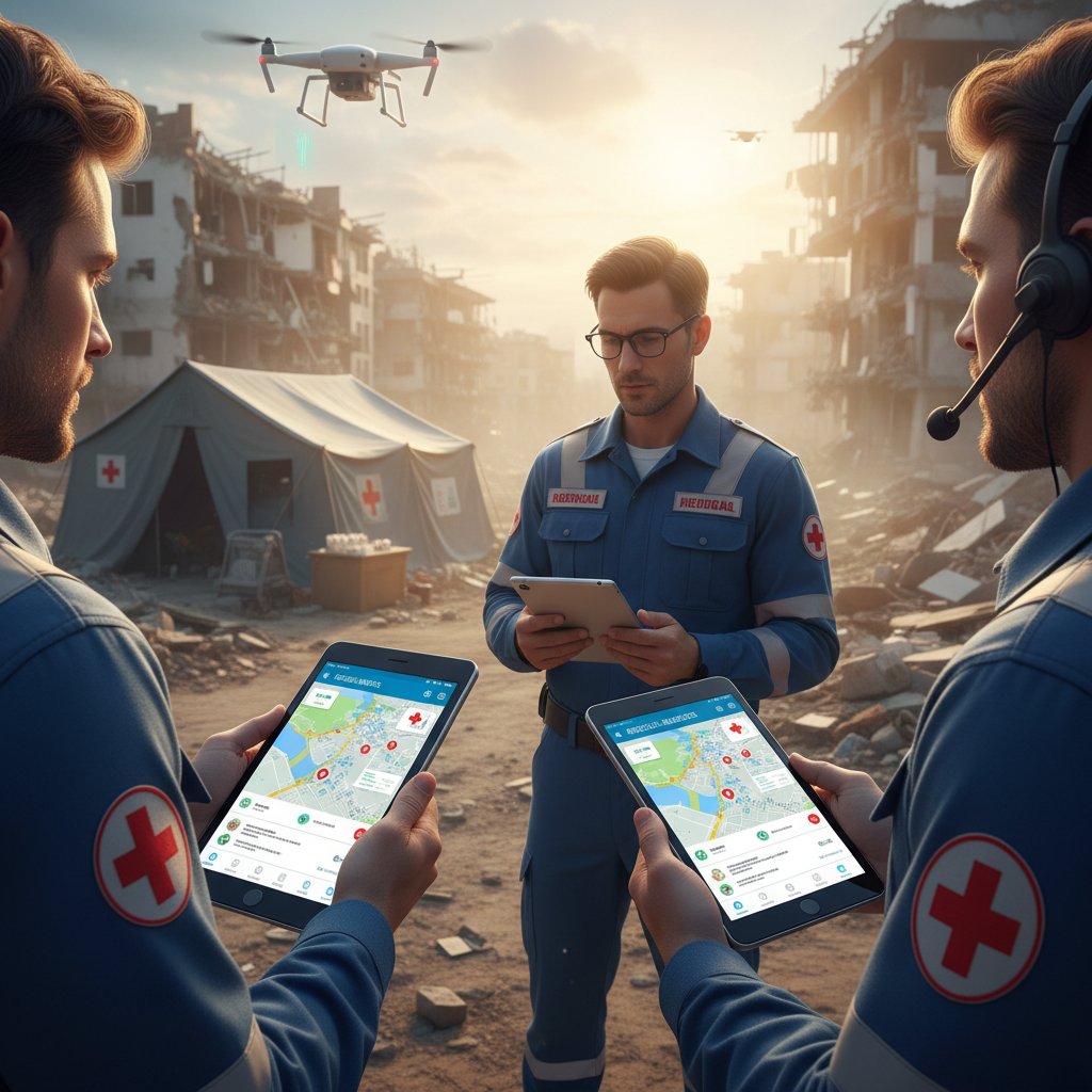 Grupa ratowników korzystających z aplikacji mobilnej na polu akcji, medyk.ai w praktyce