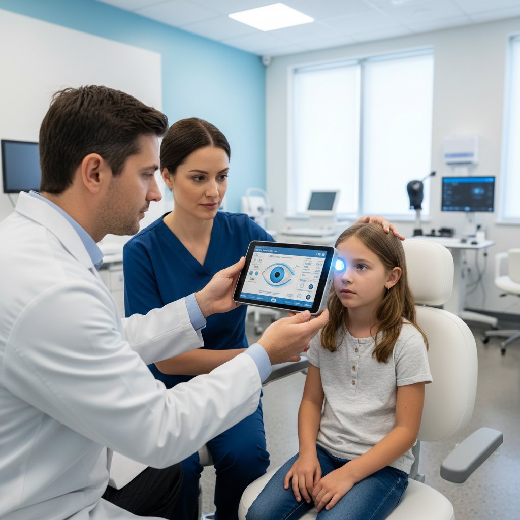 Zespół medyczny testujący mobilny pachymetr w przychodni terenowej