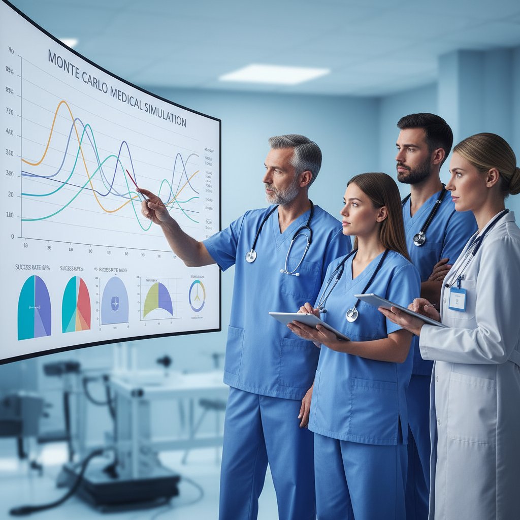 Zespół medyczny analizujący wyniki symulacji Monte Carlo na monitorach w szpitalu