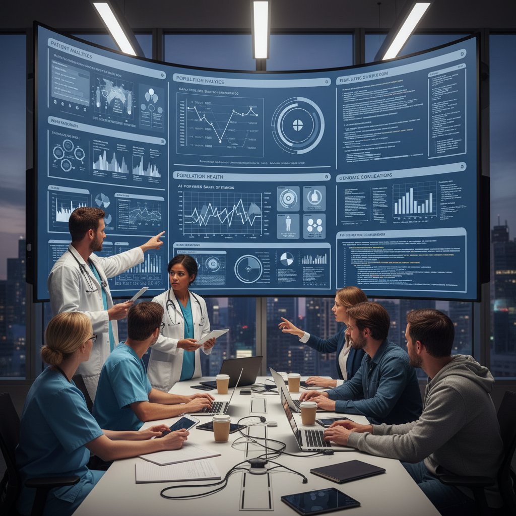 Zespół specjalistów medycznych i programistów analizujących dane zdrowotne na dużym ekranie
