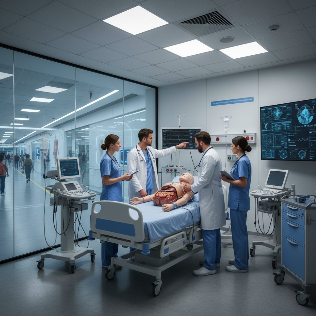 Zespół lekarzy testuje symulację medyczną na sali operacyjnej, nowoczesny sprzęt, nacisk na realistyczne warunki treningowe