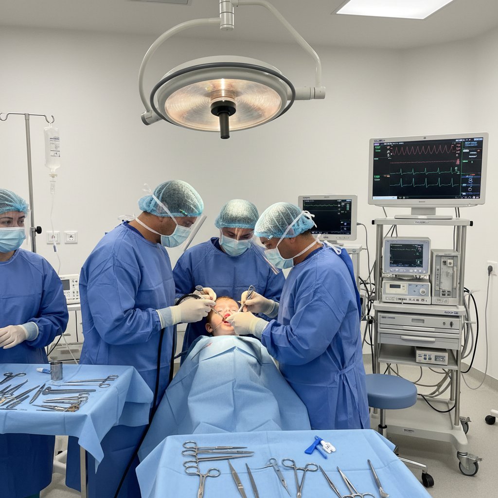 Zespół medyczny przygotowujący się do operacji migdałków u dziecka