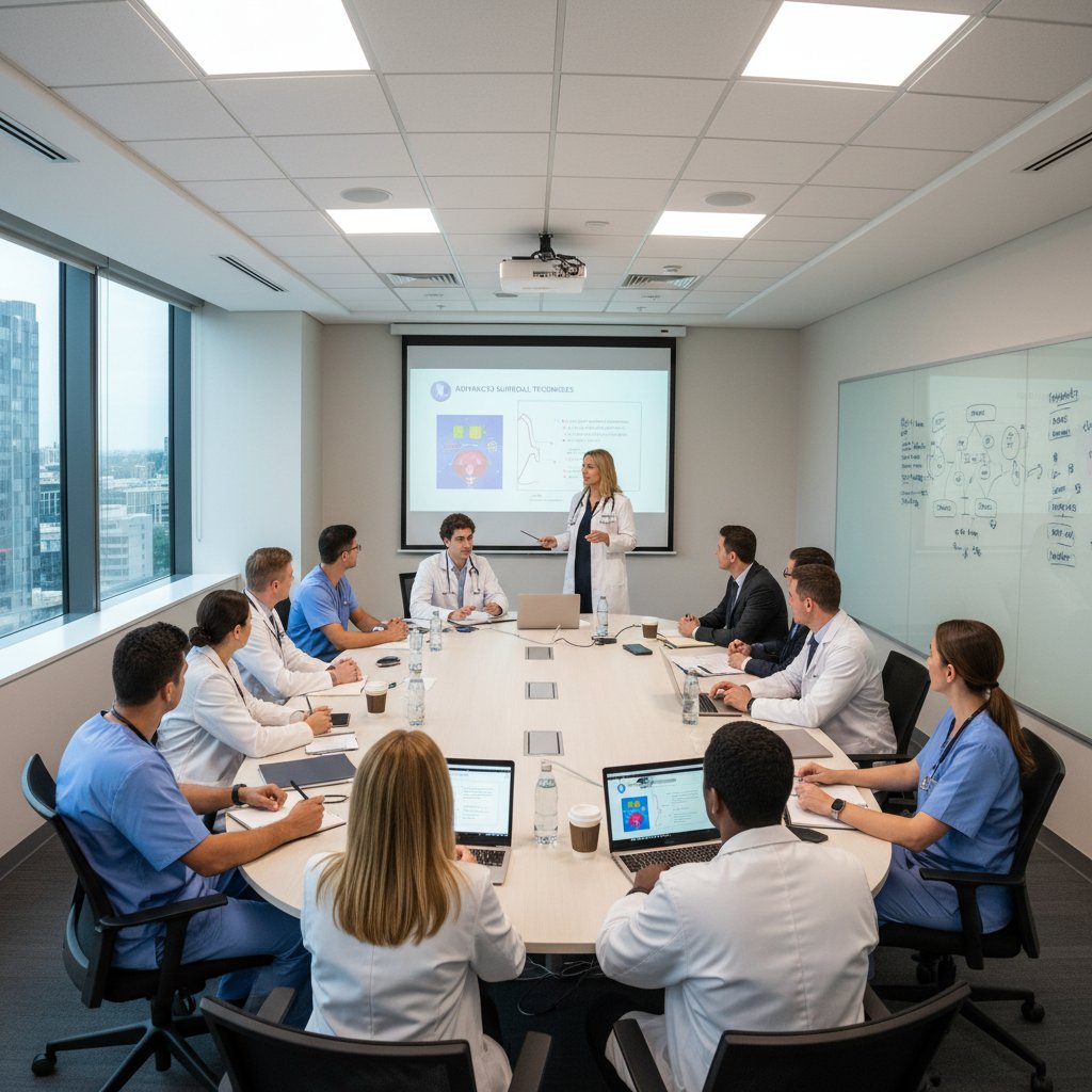 Zespół medyczny podczas szkolenia, prezentacja na ekranie, skupienie uczestników