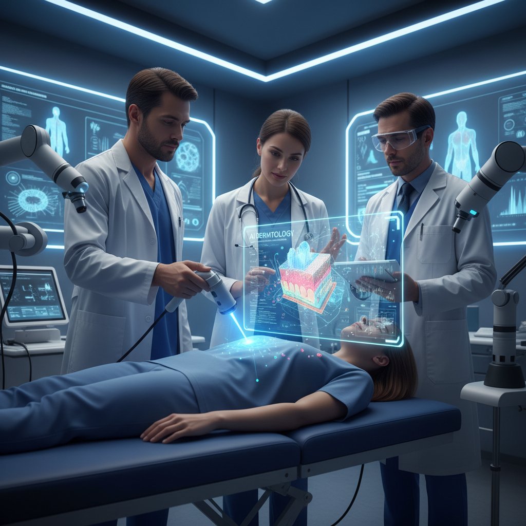 Zespół analizujący zdjęcia szyi na ekranie komputera, nowoczesna technologia medyczna