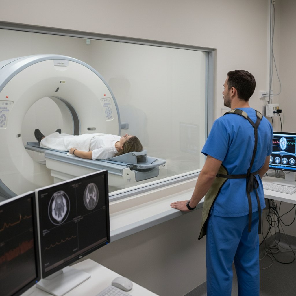 Technik medyczny oglądający wyniki tomografii komputerowej pacjenta z niedrożnością jelit