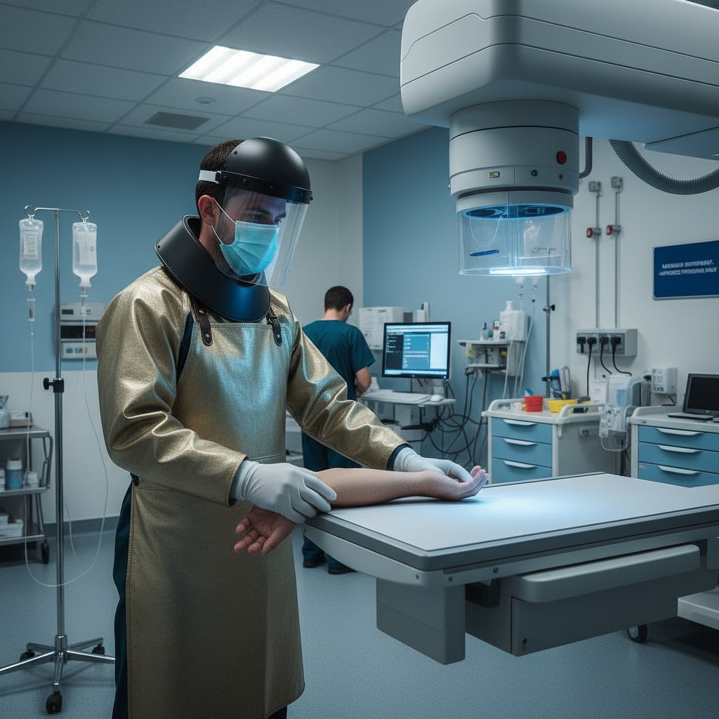 Pracownik techniczny w szpitalu pracuje przy aparacie rentgenowskim, ubrany w odzież ochronną — realia ochrony przed promieniowaniem w pracy