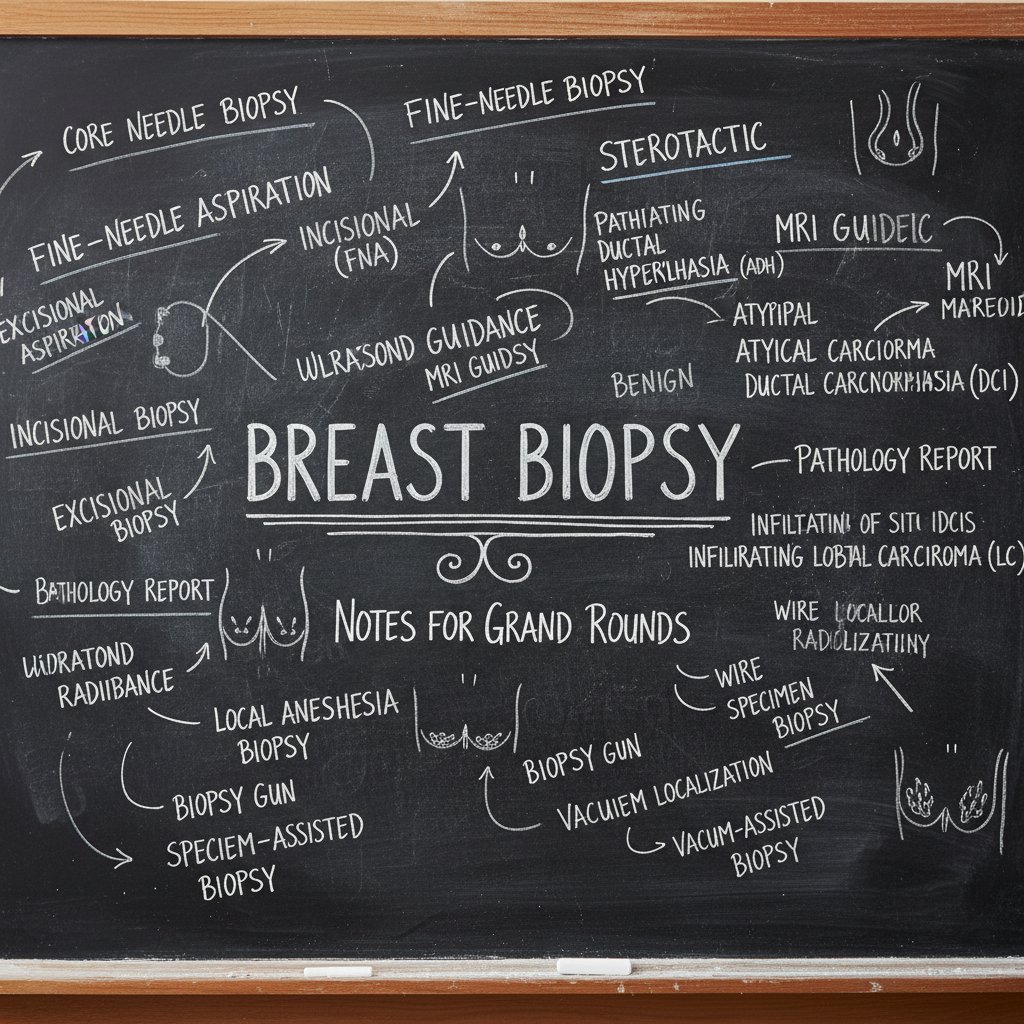 Tablica z podstawowymi terminami medycznymi dotyczącymi biopsji piersi, notatki, książki