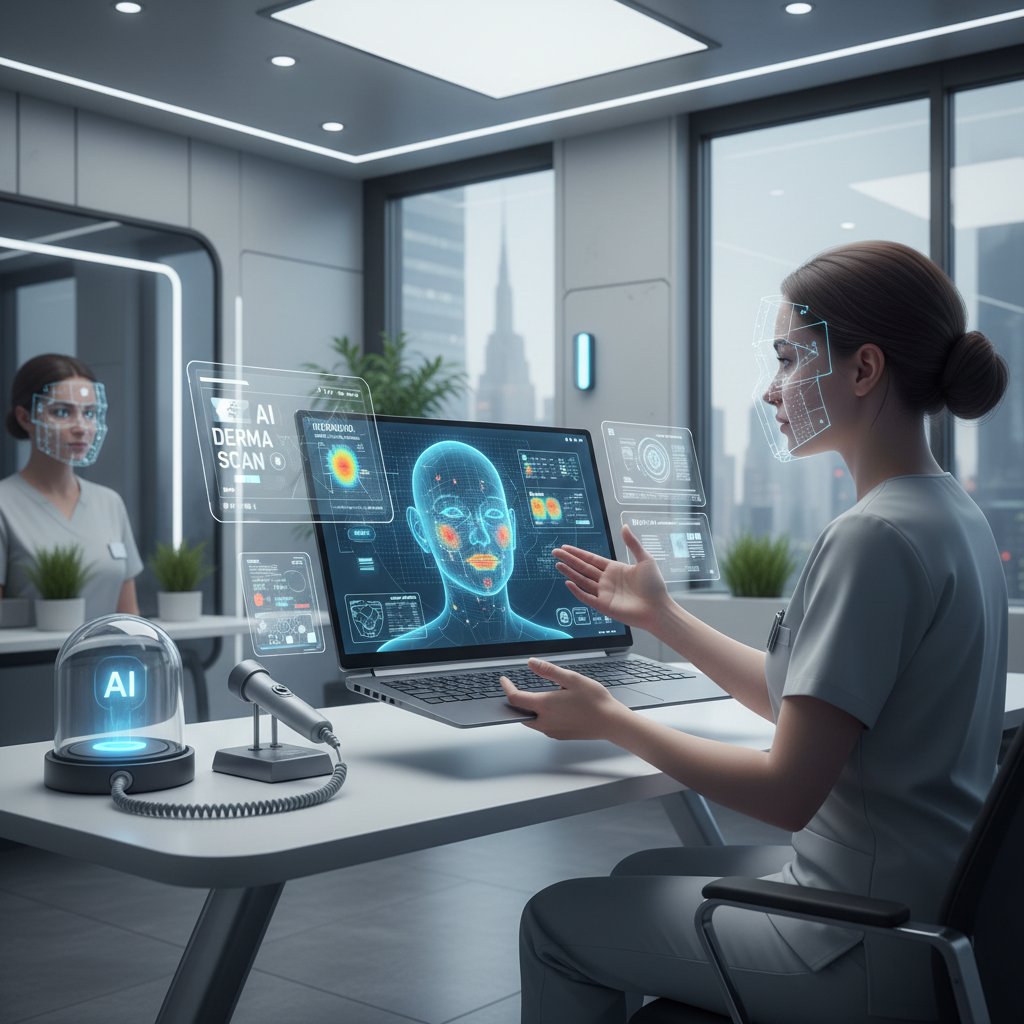 Pracownik medyczny korzysta z laptopa analizującego zdjęcia zmian skórnych za pomocą AI