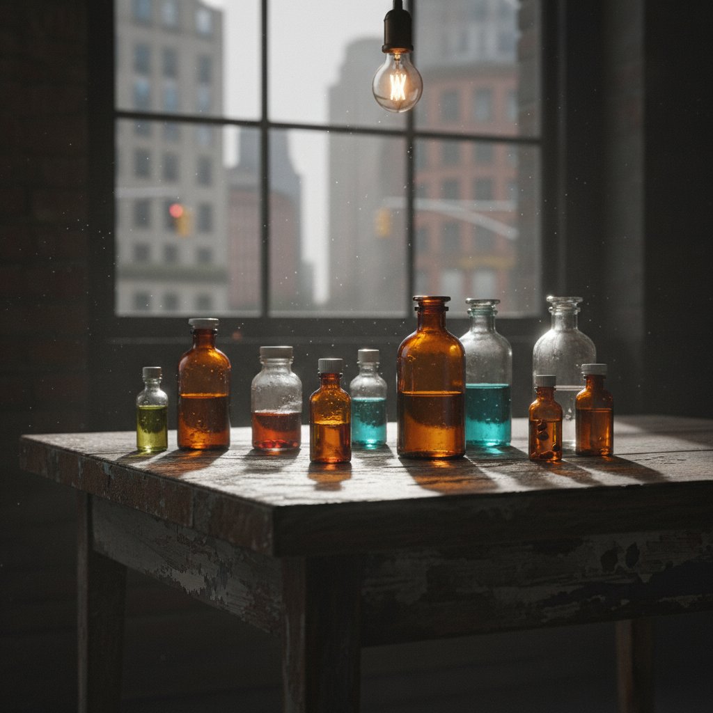 Butelki z lekami na szorstkim stole w miejskim otoczeniu, dramatyczne oświetlenie, kontekst leczenia Crohna
