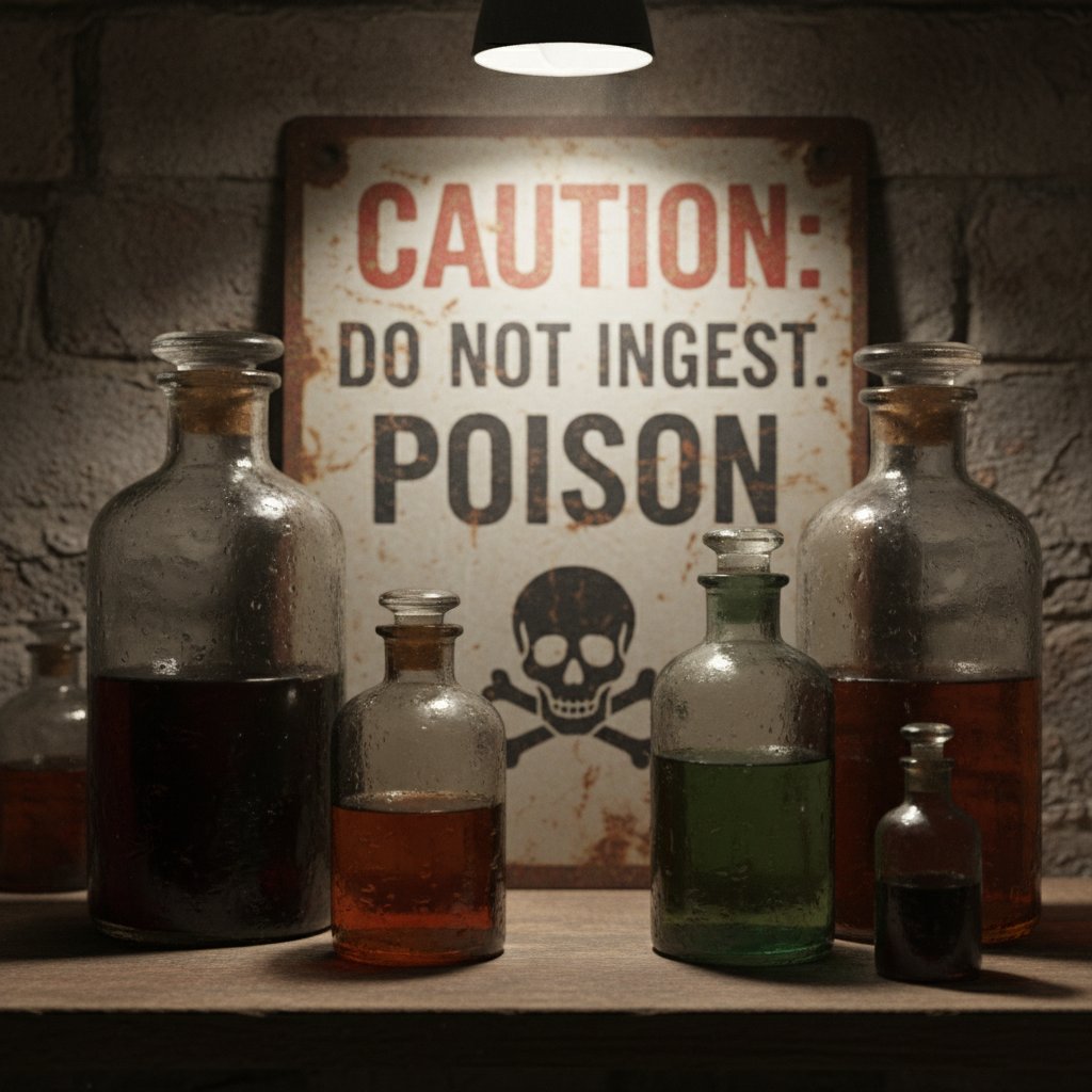 Leki okulistyczne i znak ostrzegawczy na stole, symboliczne ujęcie, nastrojowe oświetlenie