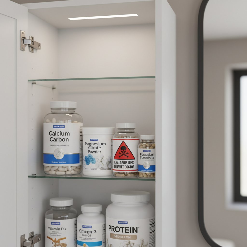 Zbliżenie na apteczkę i butelki z suplementami, niebezpieczeństwo samoleczenia zasadowicy