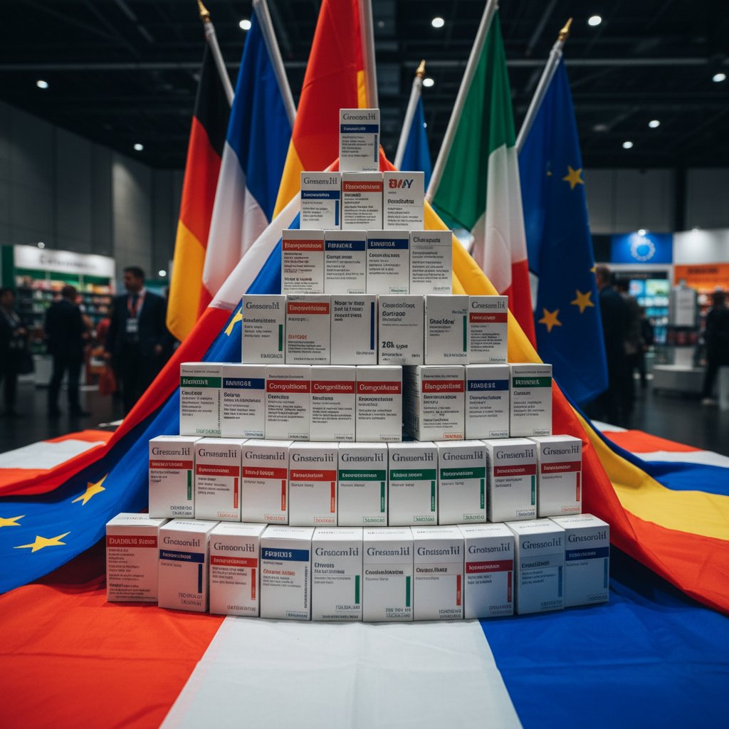 Porównanie cen leków w różnych krajach Europy, opakowania leków na tle flag krajów, kontrast, realizm