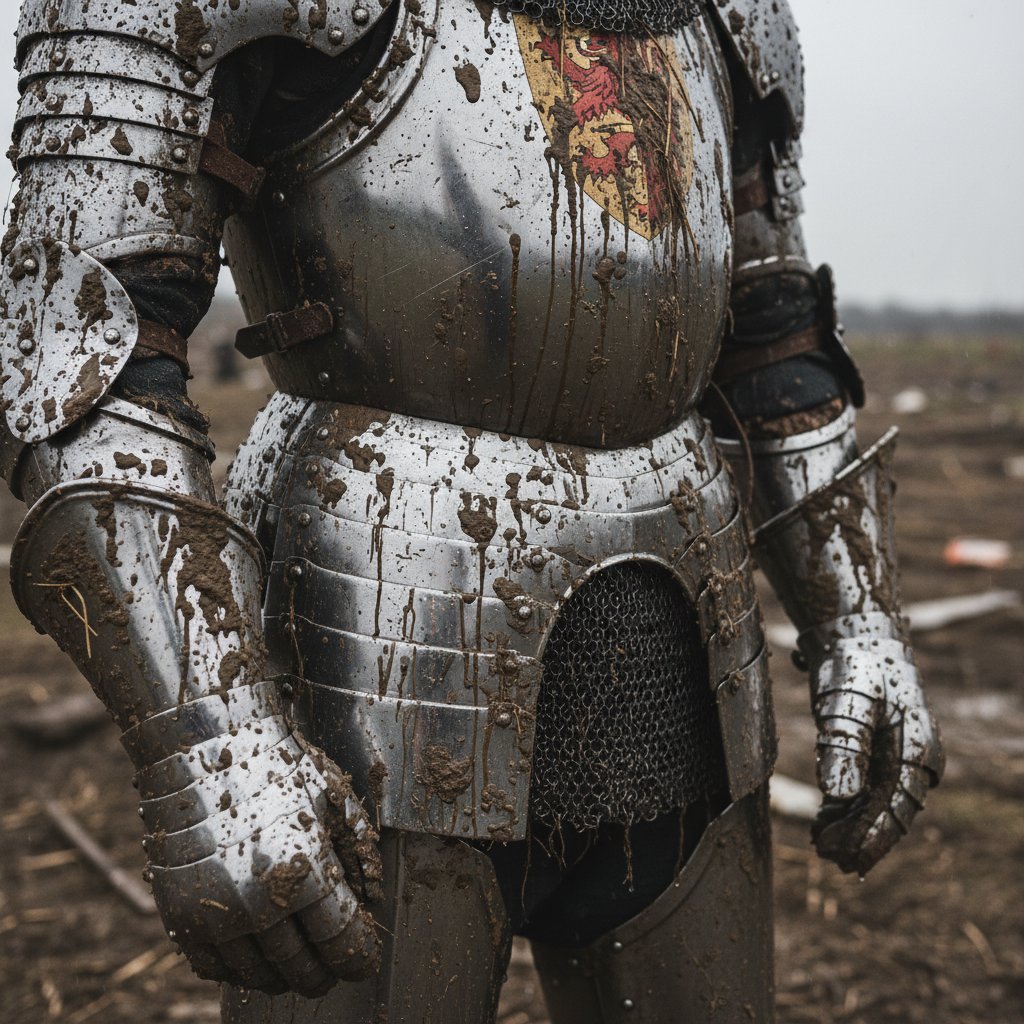 Authentic medieval armor covered with mud, close-up details, realism in medieval movies