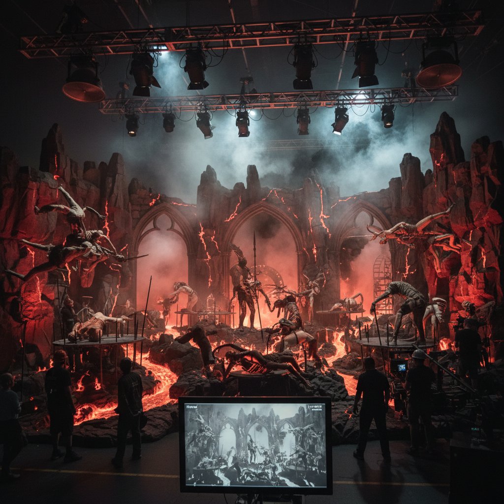 Medieval vision of hell reimagined on modern film set, dramatic lighting