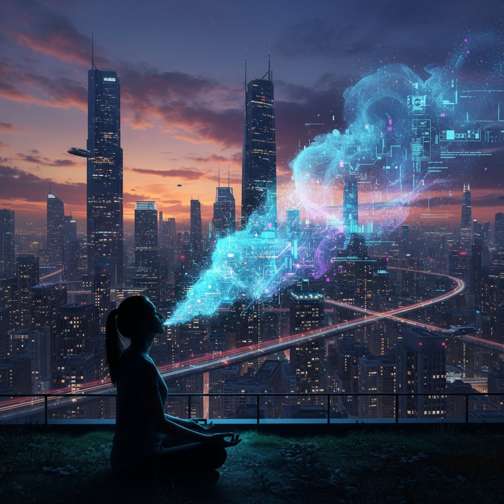 Osoba medytująca z telefonem na tle miejskiego krajobrazu, z wizualizacją cyfrowego oddechu – zdjęcie oddające temat ai spokój przez oddech