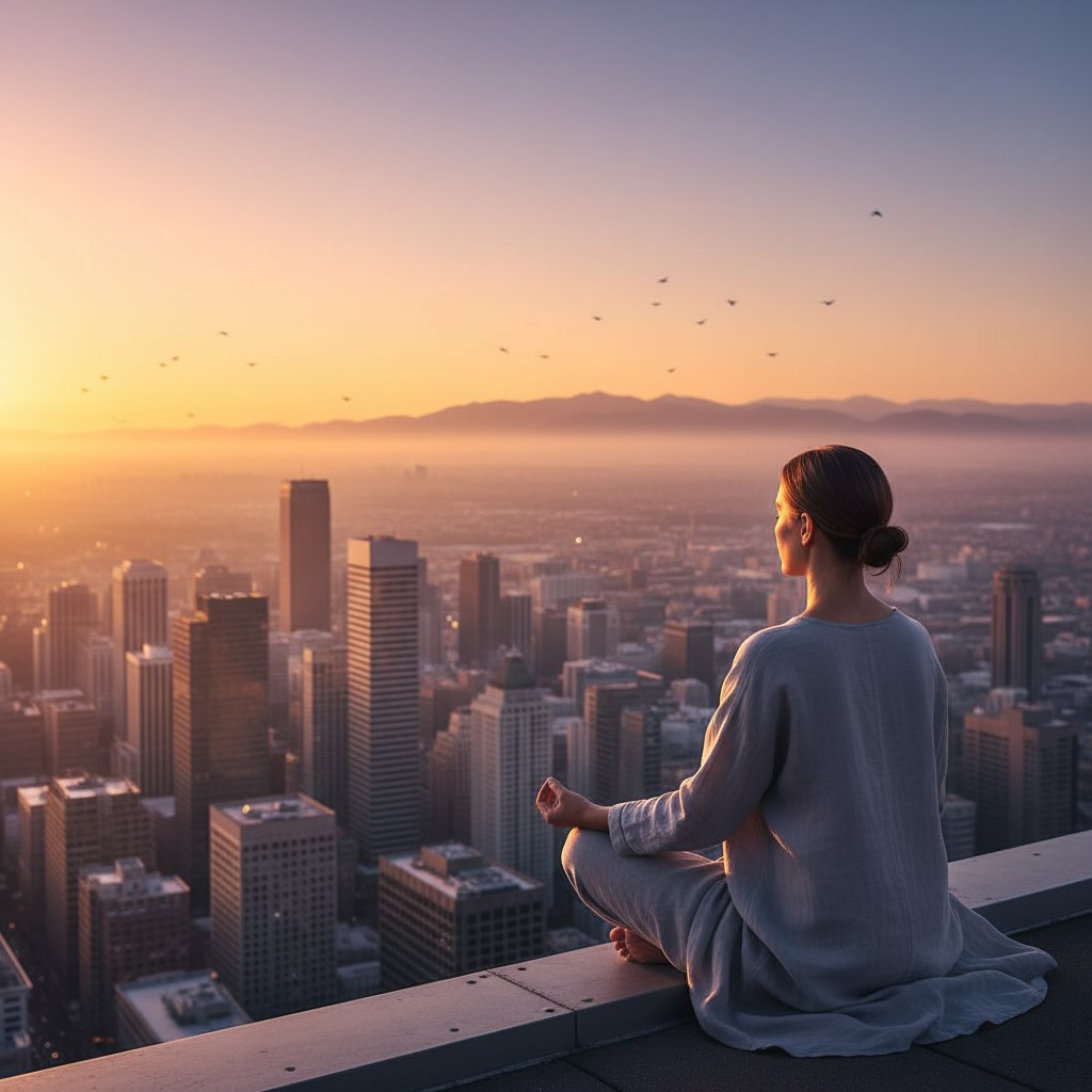 Osoba medytująca na tle miejskiego krajobrazu o zachodzie słońca, wyciszona i spokojna – wizualizacja idei JOMO