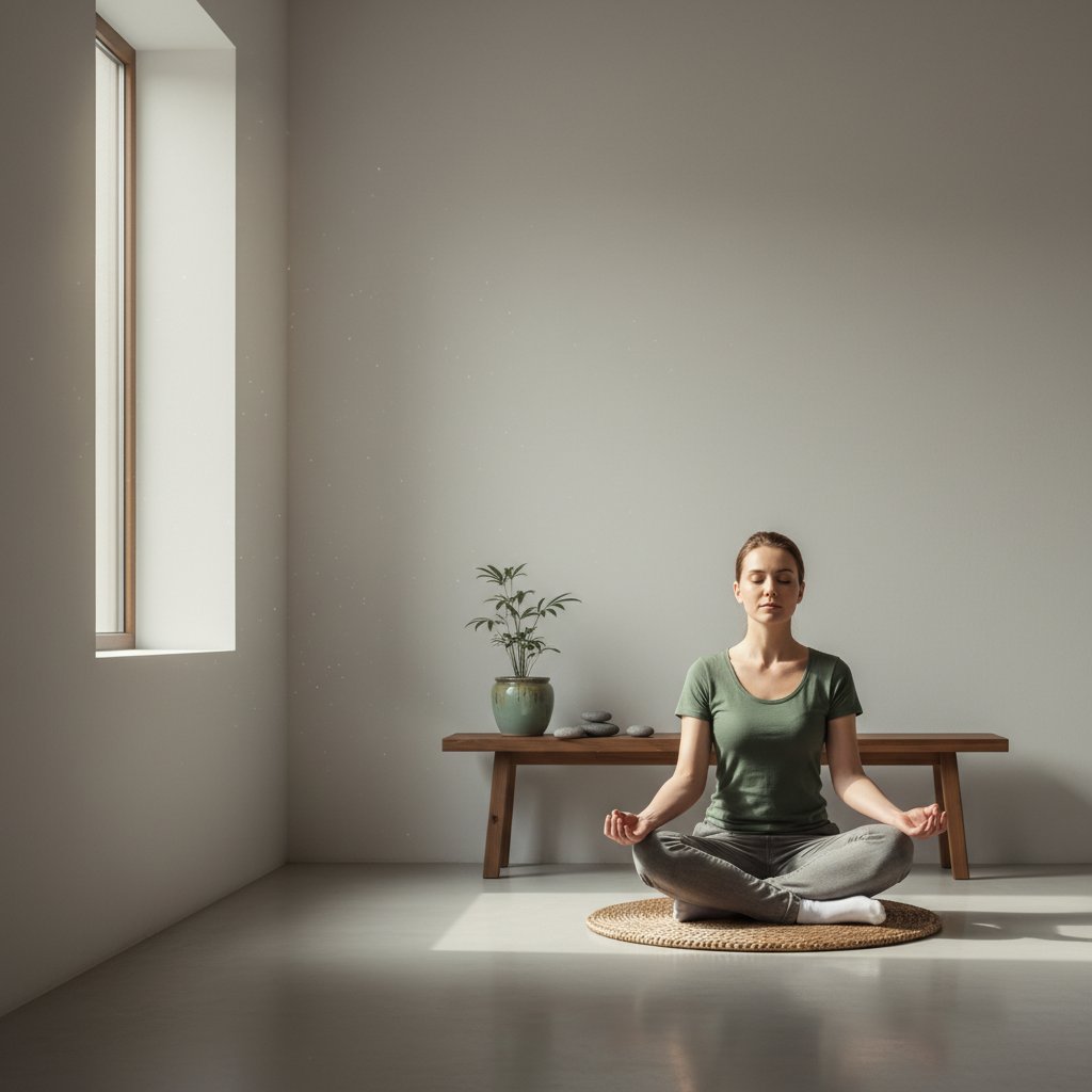 Kobieta medytująca w minimalistycznym wnętrzu, spokojna atmosfera – symbol resetowania pamięci przez wyciszenie umysłu