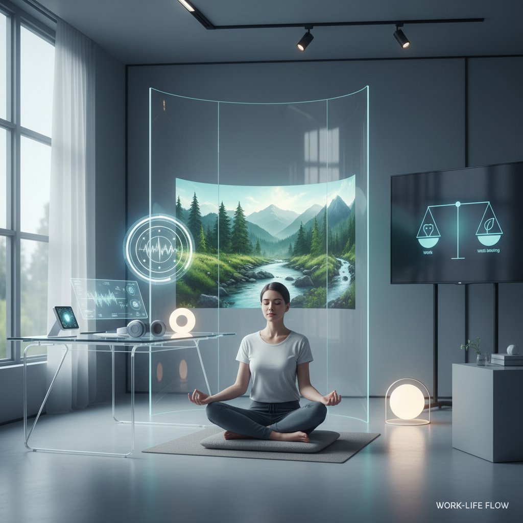 Osoba medytująca w biurze pełnym urządzeń AI – harmonia w erze automatyzacji