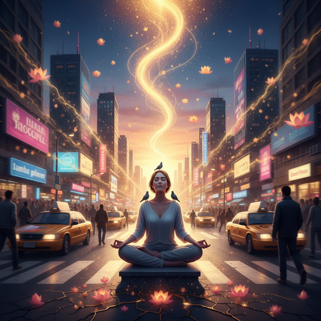 Osoba medytująca na tle miejskiego chaosu, symbolizująca konfrontację z rzeczywistością podczas przebudzenia duchowego