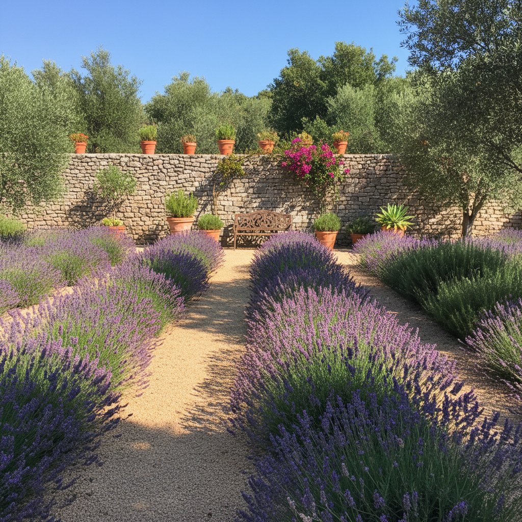 Ogród śródziemnomorski: lawenda, rozmaryn, kamienie, żwir, osłonięty murem