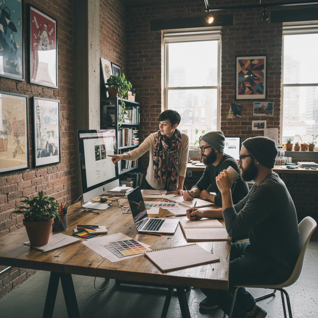 Spotkanie z profesjonalnym grafikiem w studio, omawianie indywidualnego projektu logo