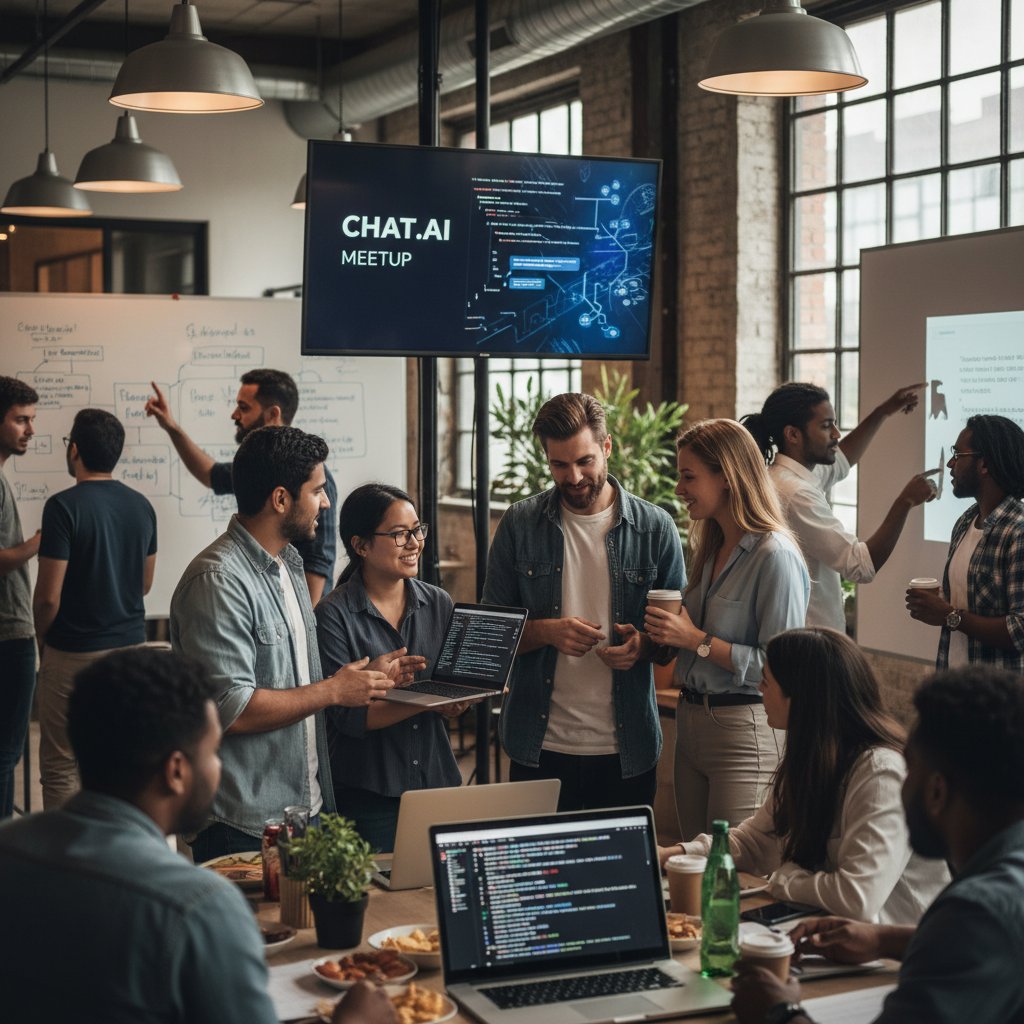 Spotkanie społeczności czat.ai: różnorodne osoby rozmawiające o AI przy laptopach