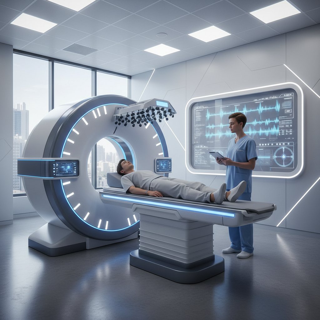 Pacjent i technik podczas badania MEG w nowoczesnej klinice