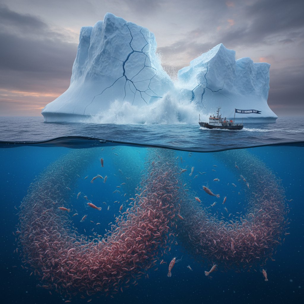 Topniejący lód Antarktydy z krylem na pierwszym planie, obrazujące zagrożenia ekosystemu i wpływ suplementów diety