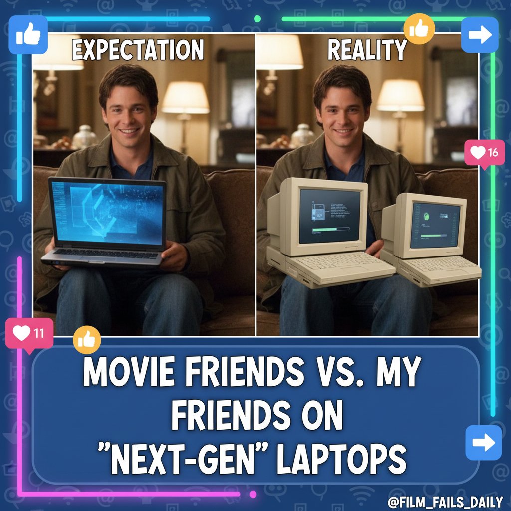 Friends creating memes about movie mistakes on laptops, vibrant social media screens in background