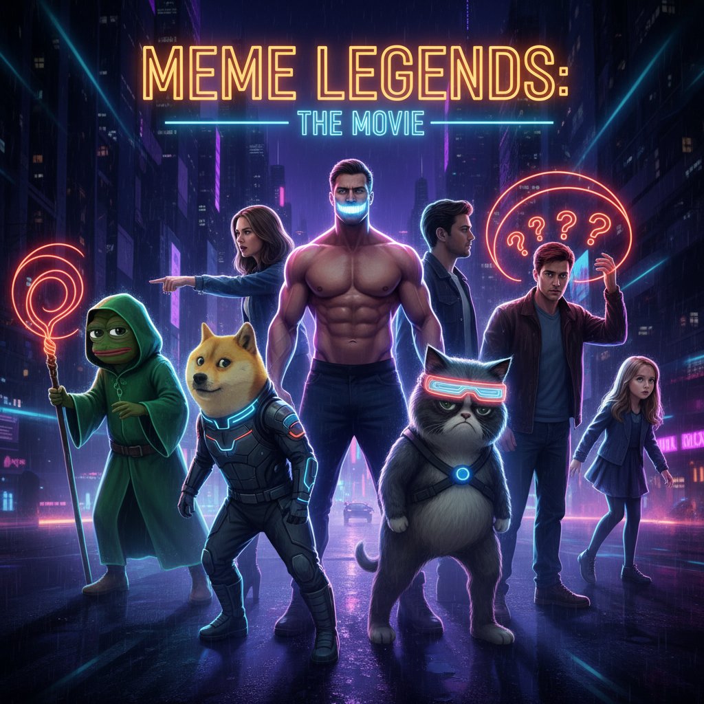 Cast of infamous meme movies posing dramatically, stylized group, neon edge