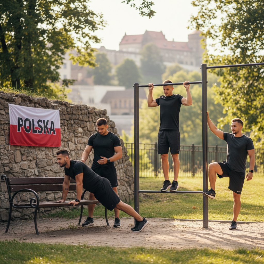 Grupa mężczyzn podczas wspólnego treningu plenerowego w Polsce